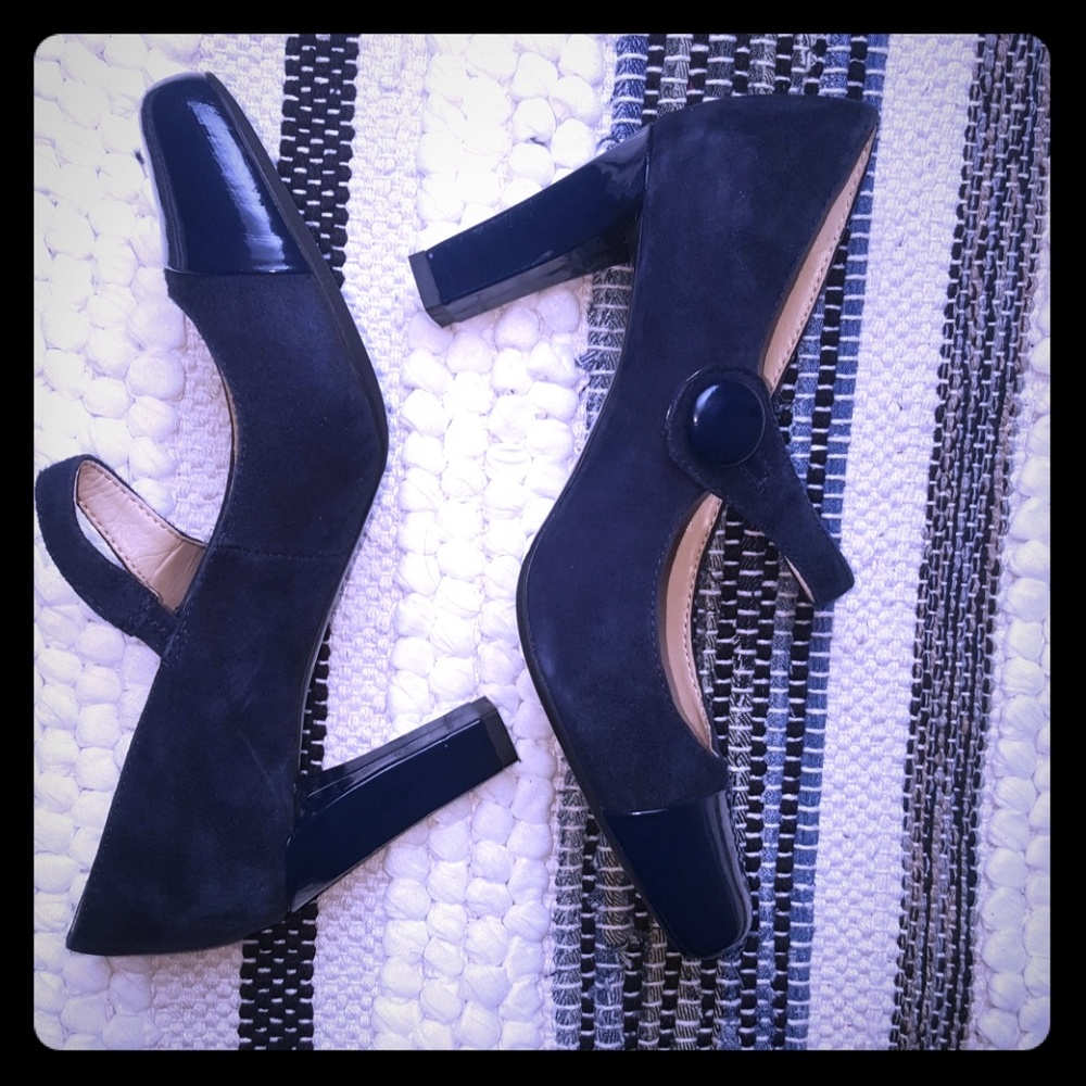 Franco Sarto blue strap leather heels.